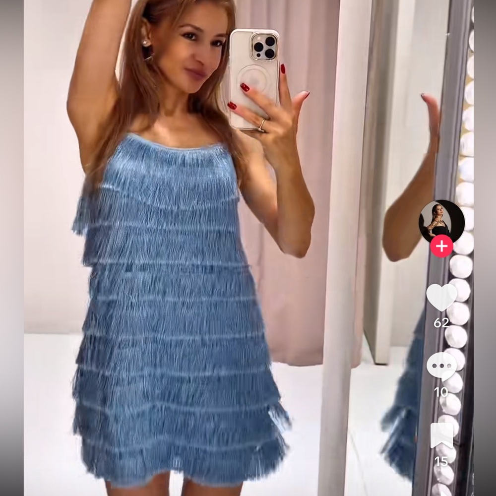 Zara Light Blue metallic Fringe Mini Dress - Picture 11 of 16